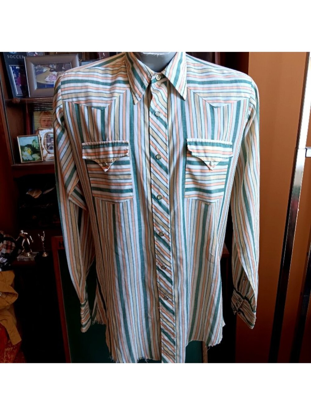 Vintage Mens Medium Western Shirt 1970's H Bar C Ranchwear Green Striped Snap